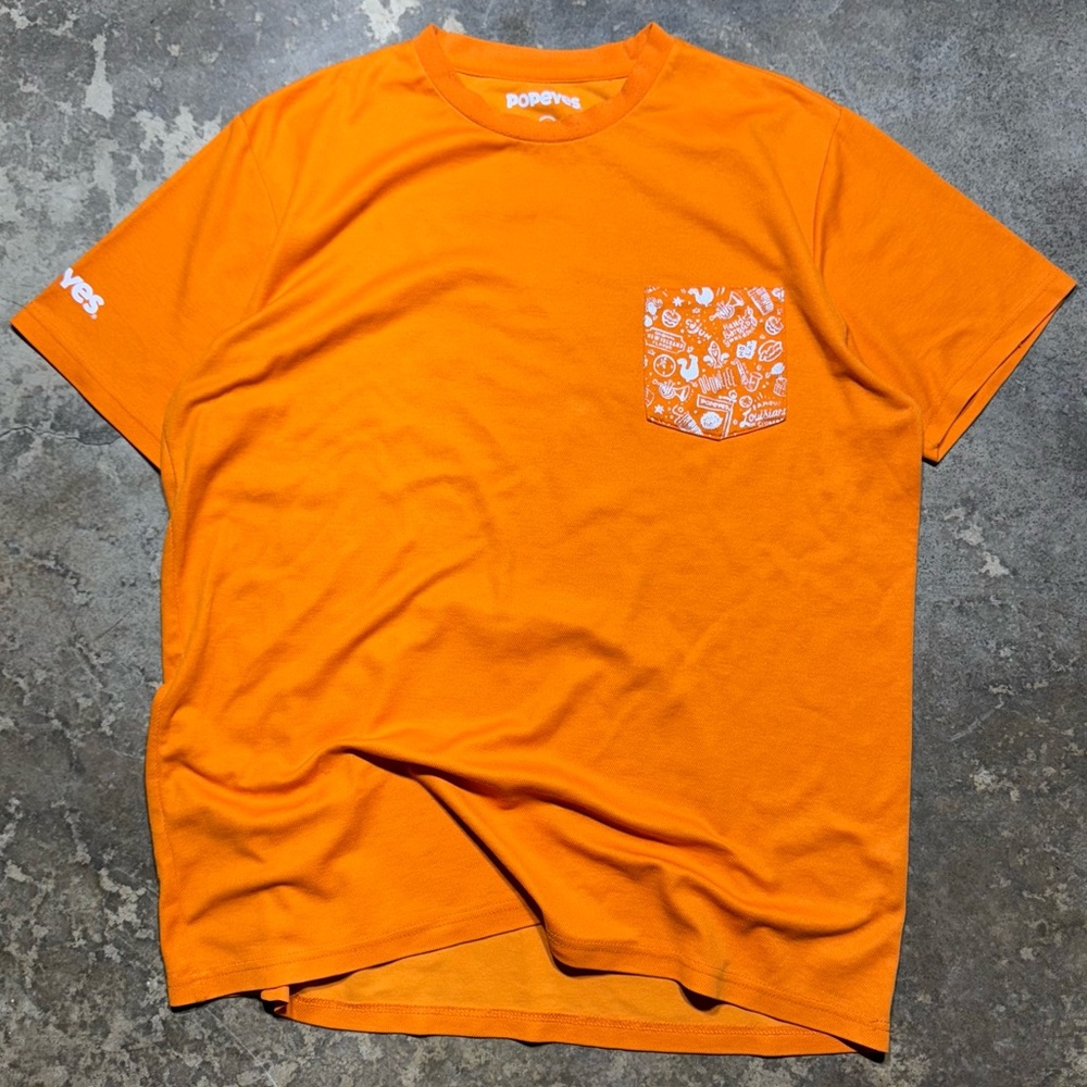 Popeyes “Love That Chicken” Uniform T-Shirt – Orange Pocket Tee – Size Large